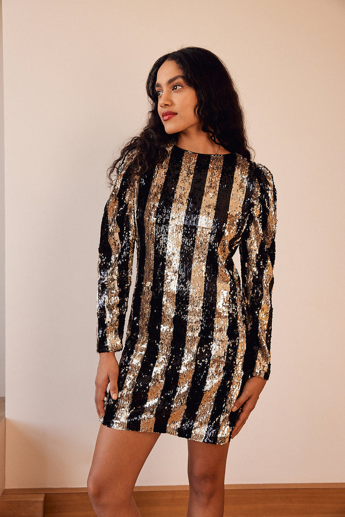 Eugenia black and gold striped dress Balzac Paris