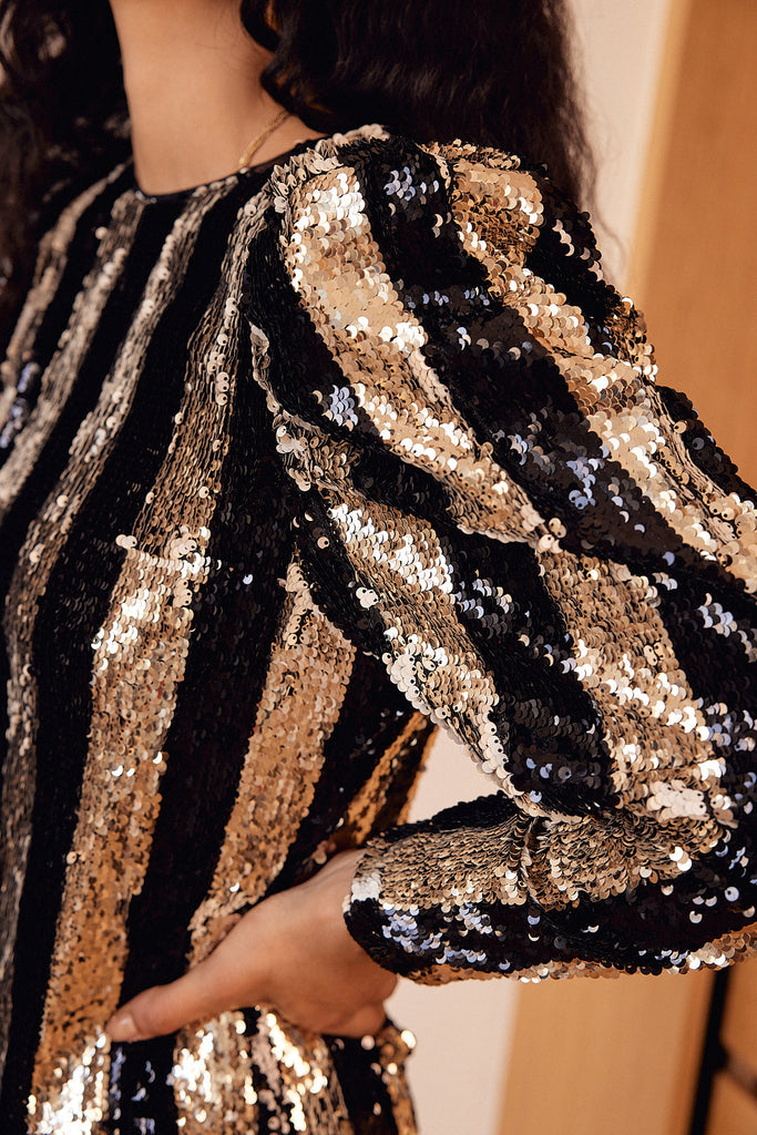 Eugenia black and gold striped dress Balzac Paris