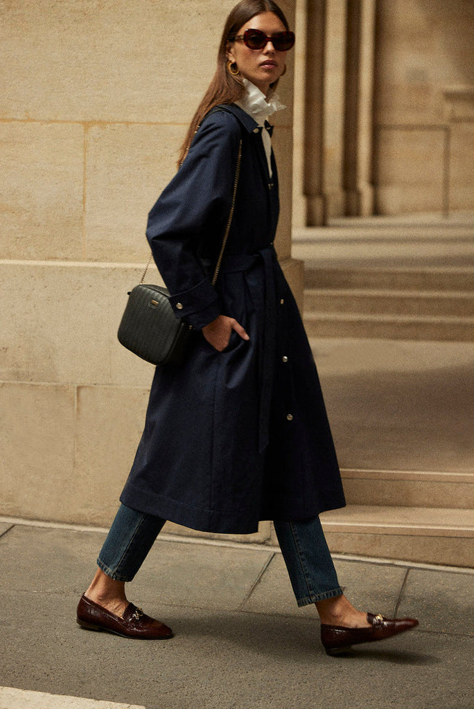 Blue trench coat on sale outfit