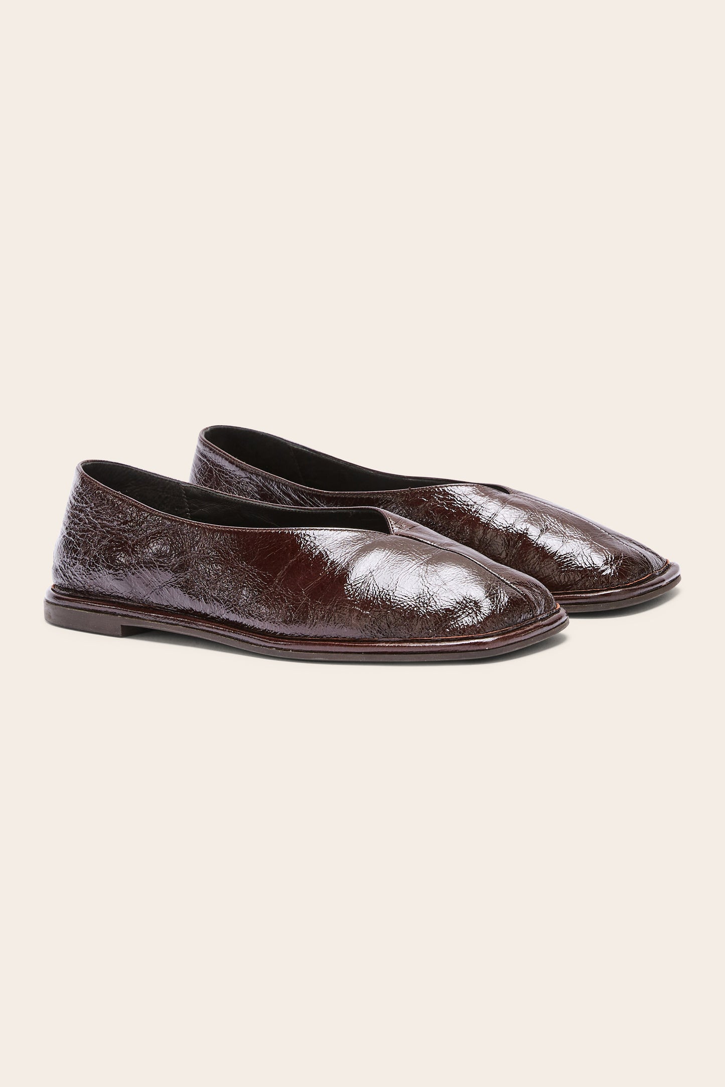 Elise chocolate crinkled patent leather ballerinas