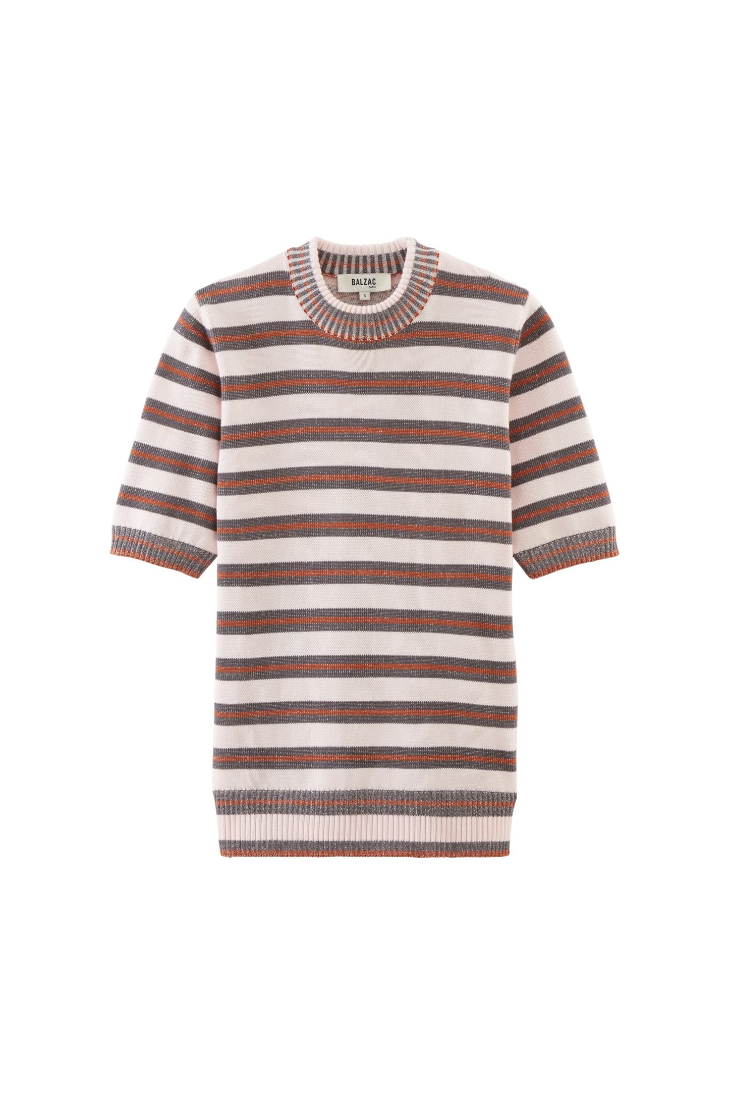 Estelle top with gray, pink and cinnamon stripes