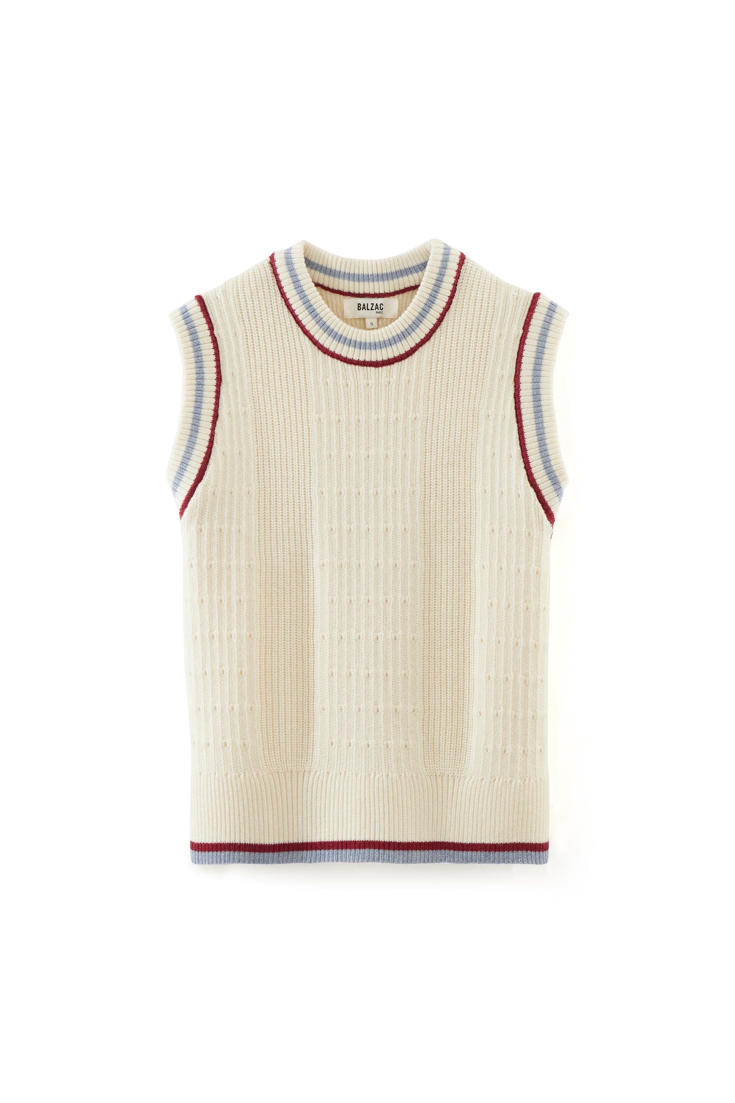 Ecru Pearl sweater with blue and red trim