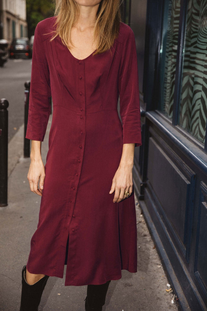 Robe Ville En Tencel Bordeaux - Taille UK14/42Fr, Sans Manches, Longueur Genou, Occasion Très Bon état