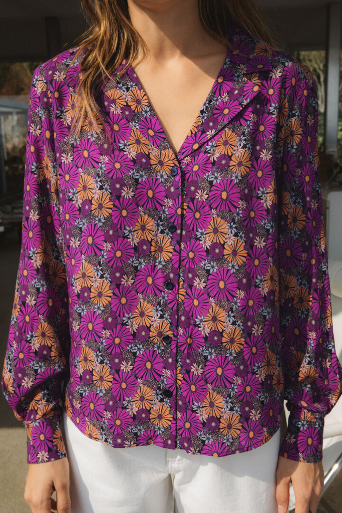 Chemisier Femme Viscose Imprimé Fleurs - Noir Violet Marron - Taille 44 - Occasion Très Bon état