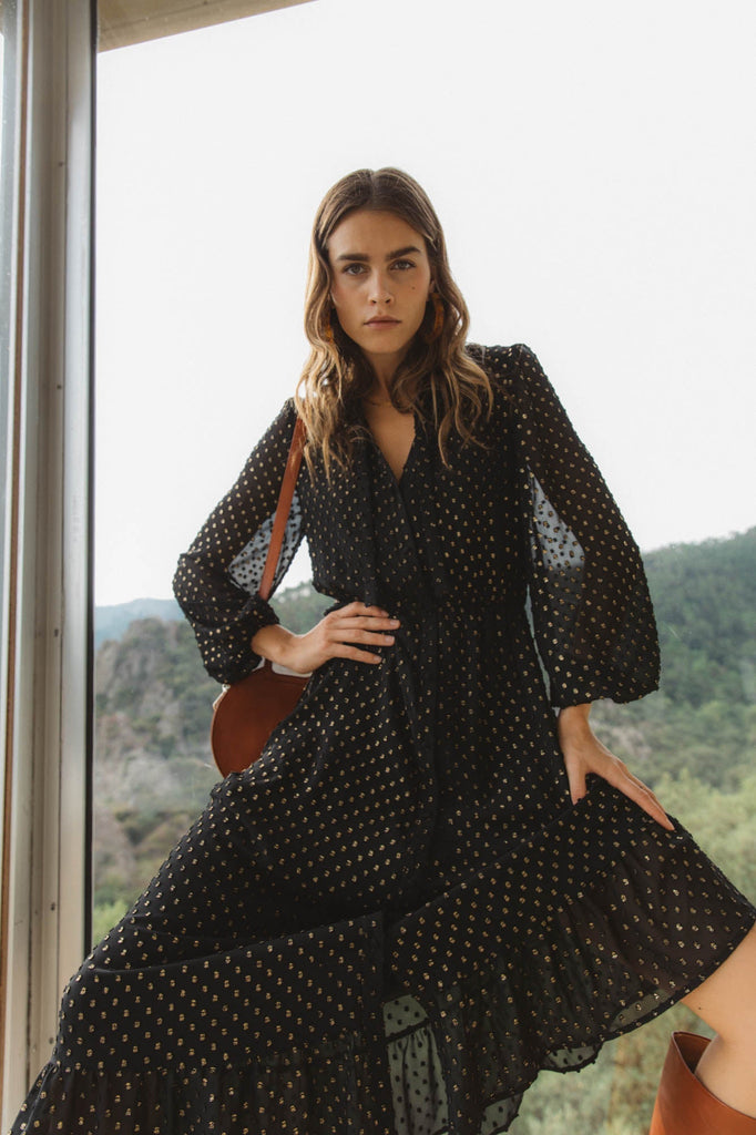 Robe De Soirée Noire Et Dorée QUONTUM Taille 8 - Coupe A-Line - Occasion Très Bon état