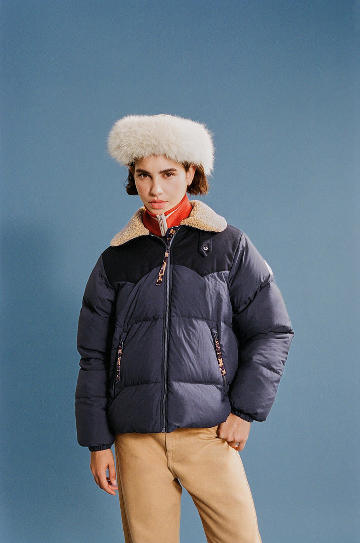 Doudoune Violette bleu marine et léopard Balzac Paris x Pyrenex