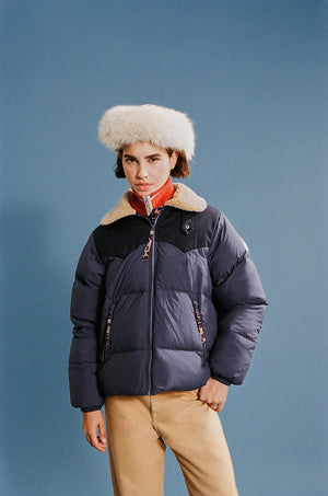 Violette navy blue and leopard-print puffer jacket Balzac Paris x Pyrenex
