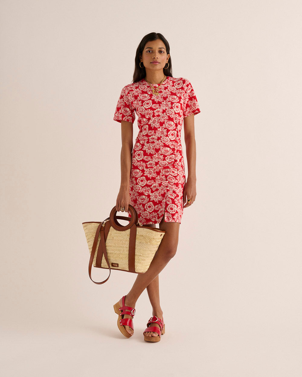 Dress Floréal printed flower party red and ecru