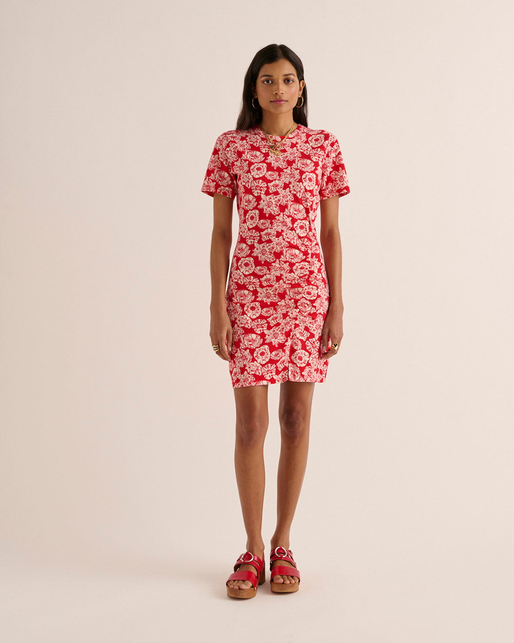 Dress Floréal printed flower party red and ecru