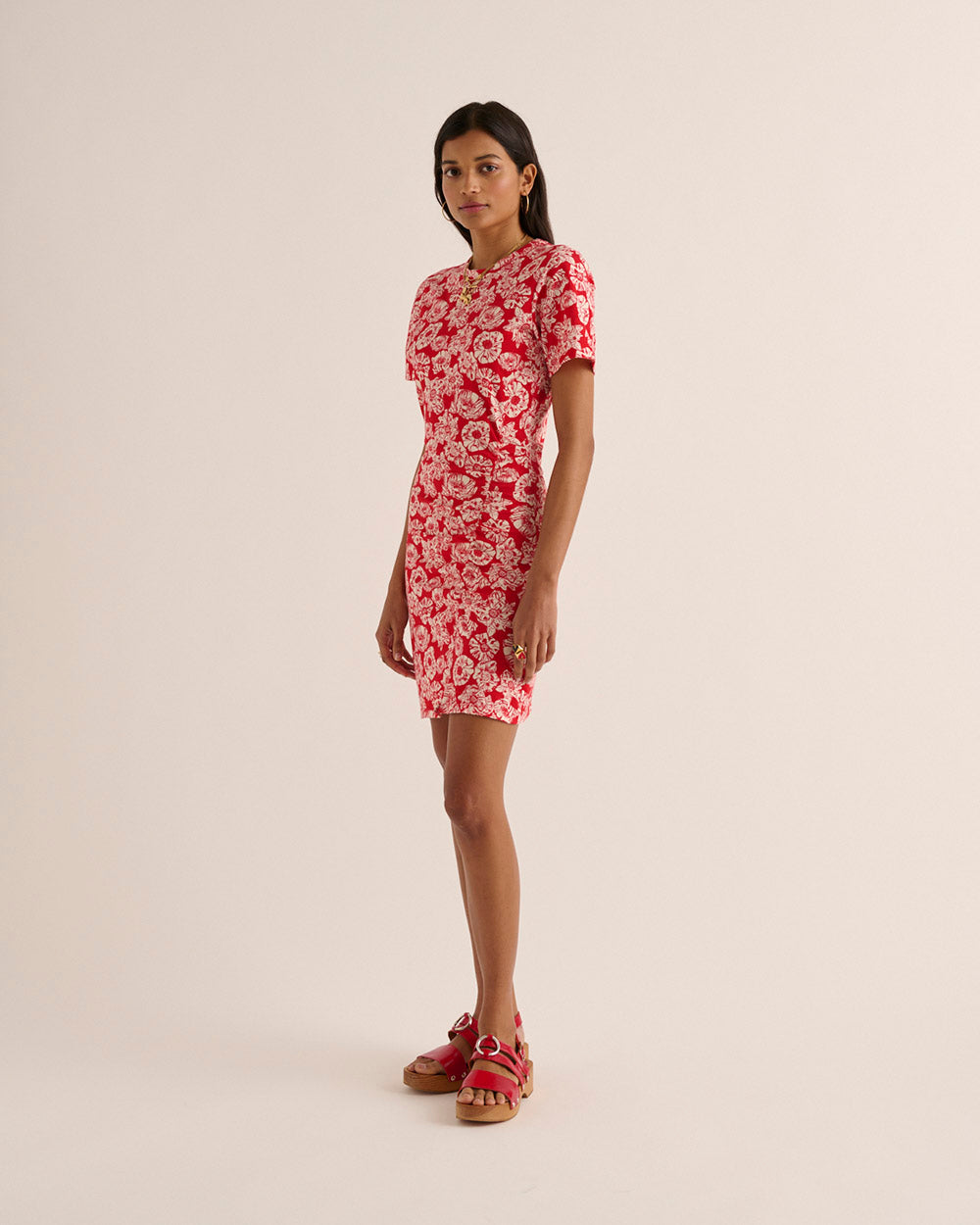 Dress Floréal printed flower party red and ecru