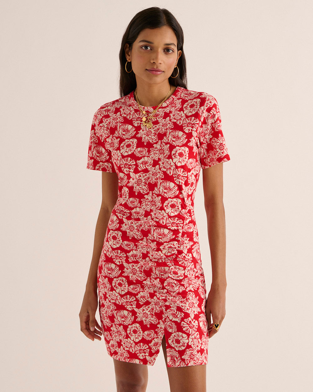 Dress Floréal printed flower party red and ecru