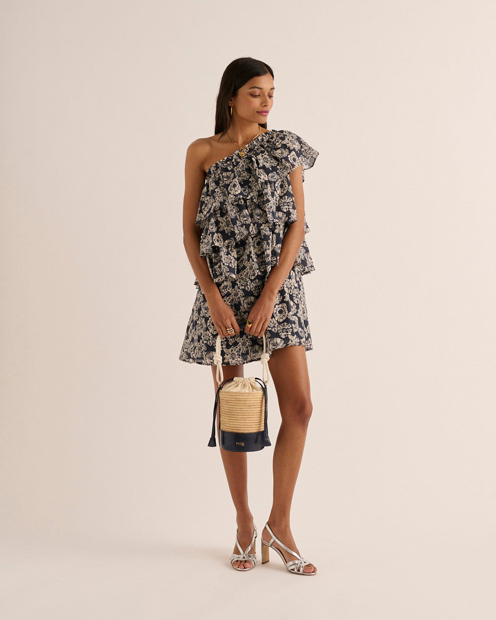 Dress Nouba printed flower party navy and ecru