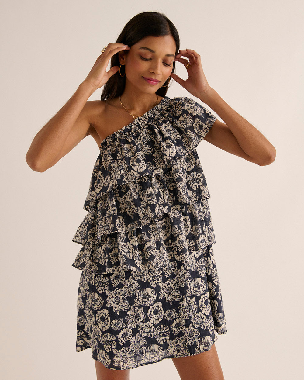 Nouba dress with navy and ecru flower party print
