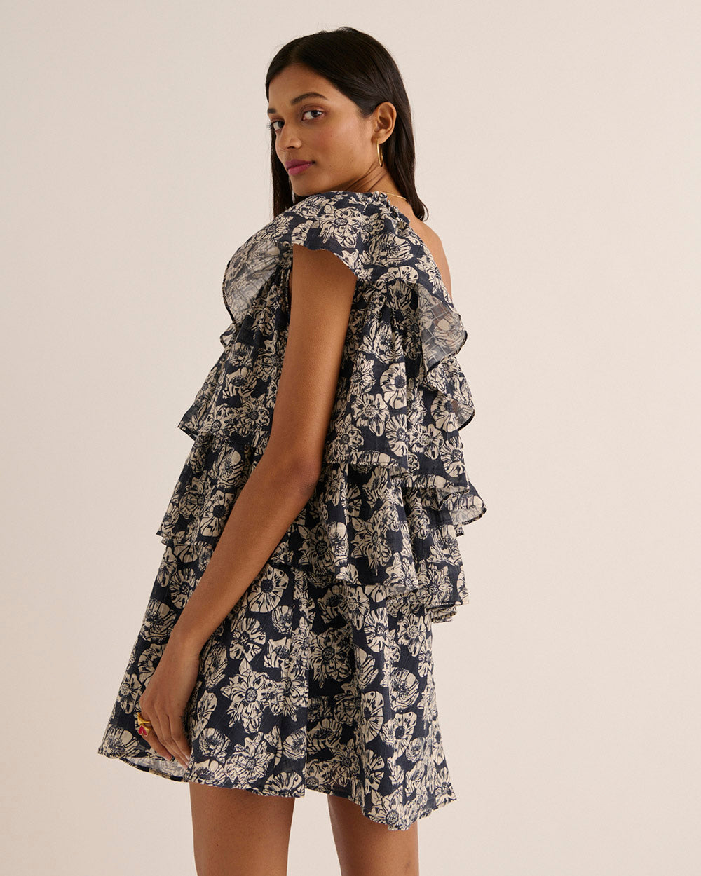 Dress Nouba printed flower party navy and ecru