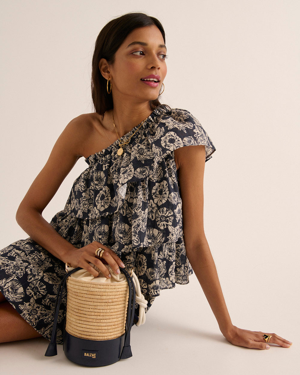 Dress Nouba printed flower party navy and ecru