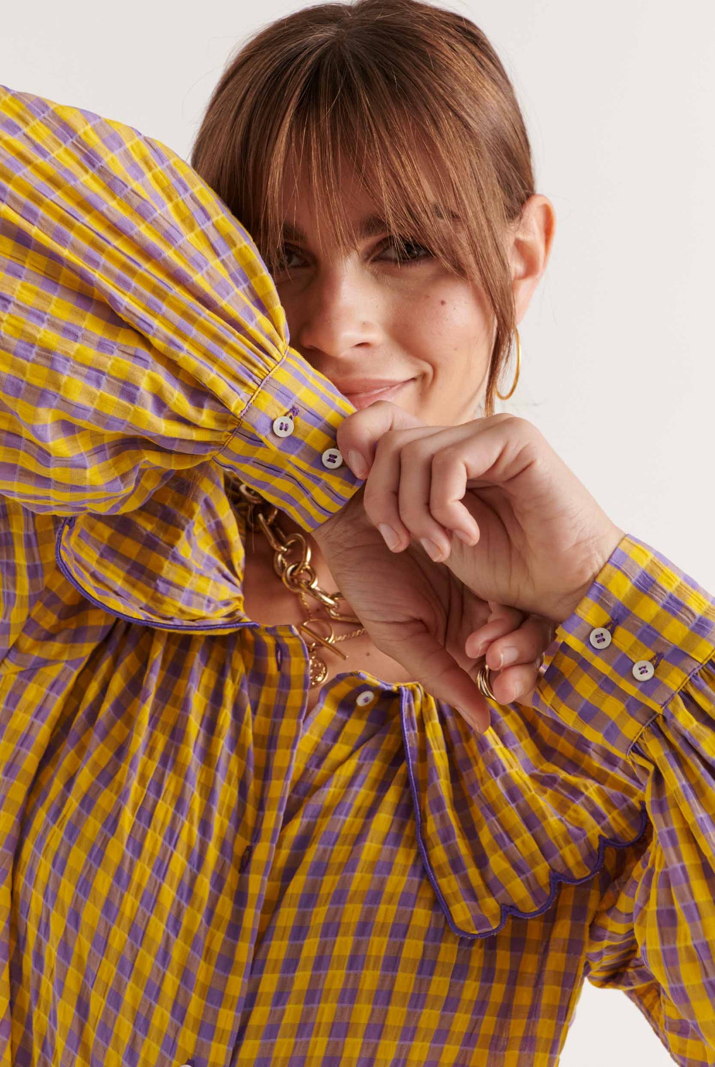 Amy yellow and purple gingham shirt