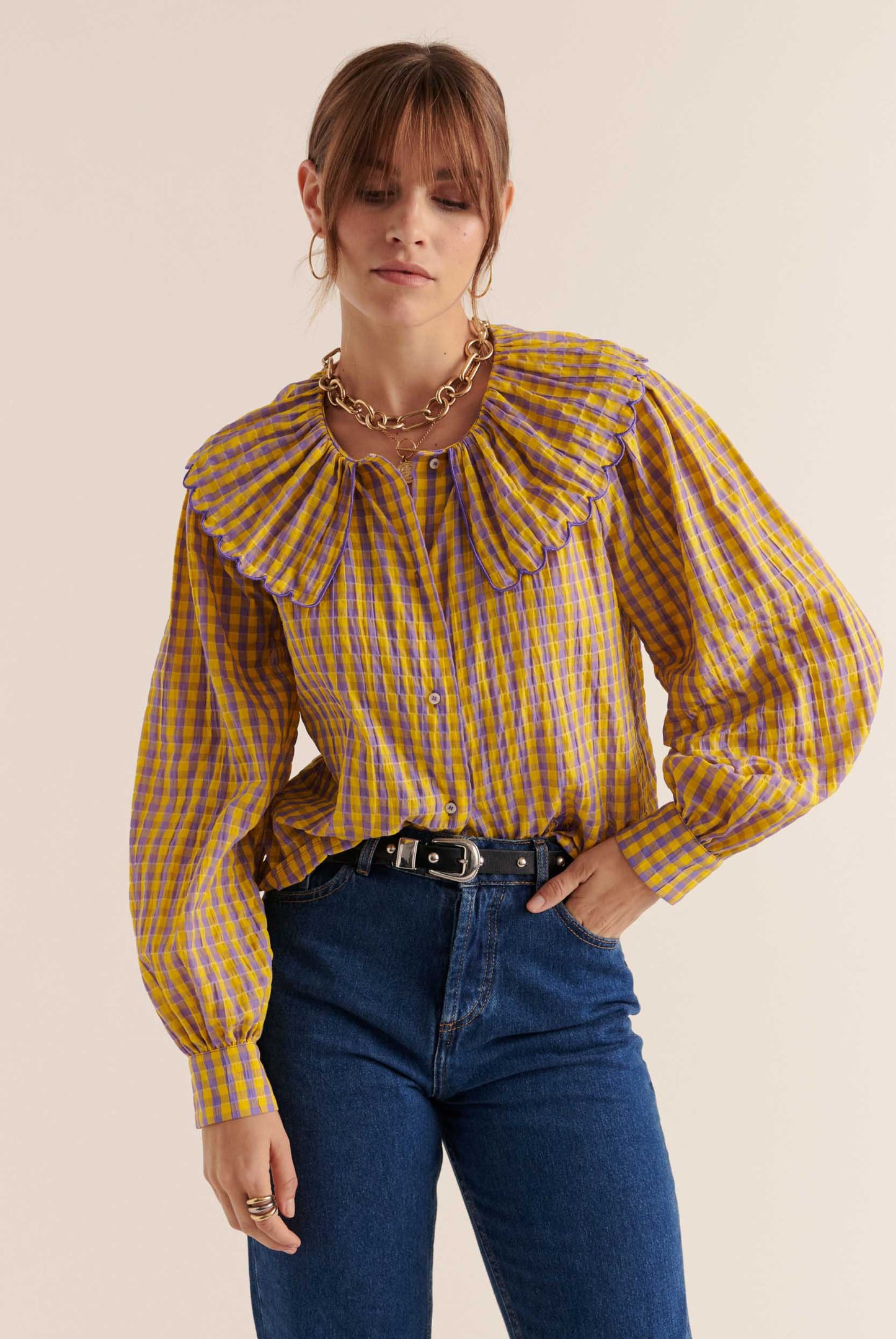 Amy yellow and purple gingham shirt