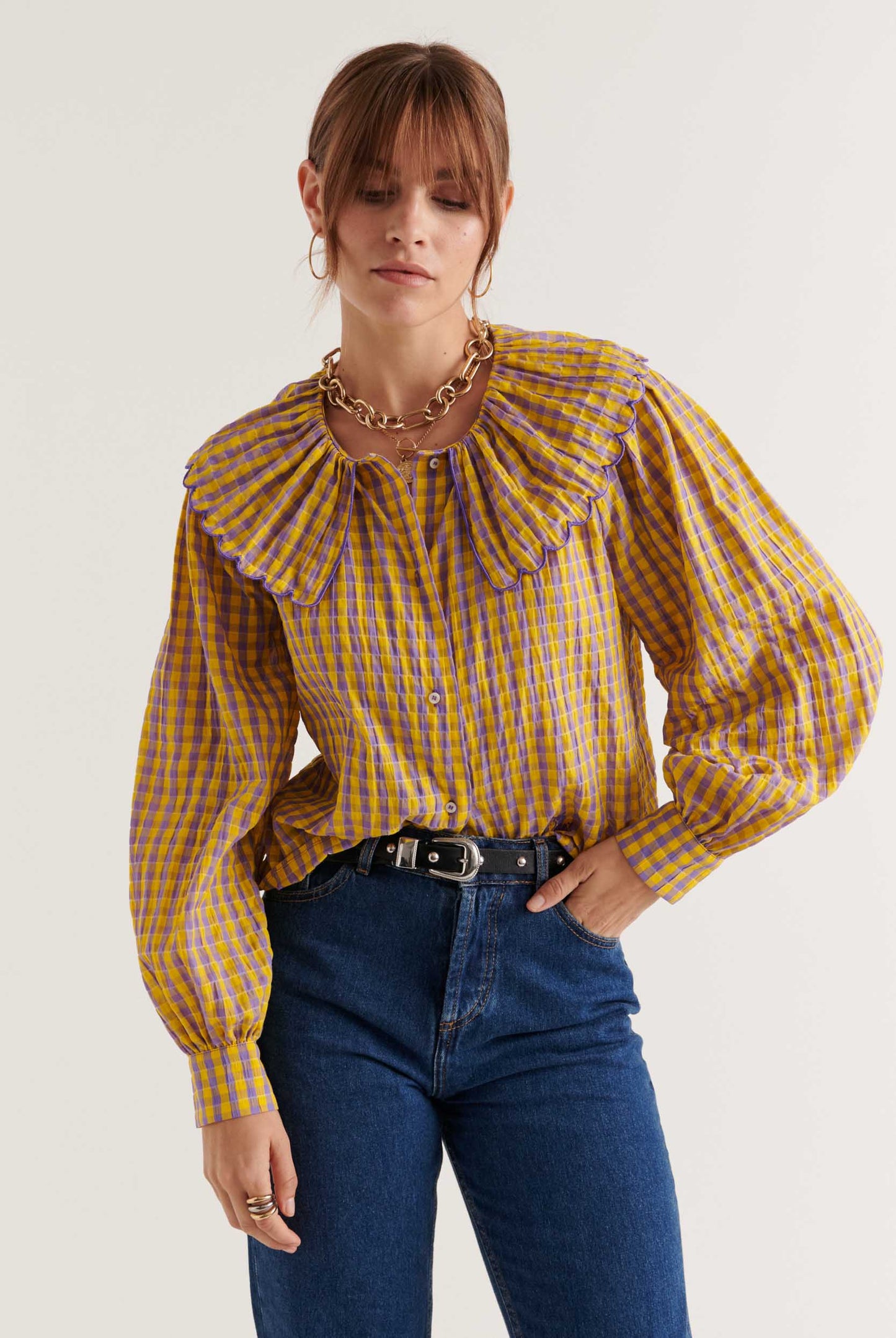 Amy yellow and purple gingham shirt