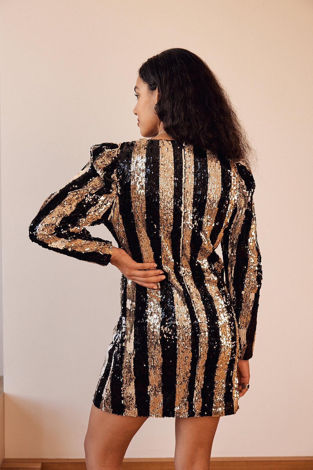 black and gold striped sequin dress Sequin V-Neck Gown with Strappy Back 43953