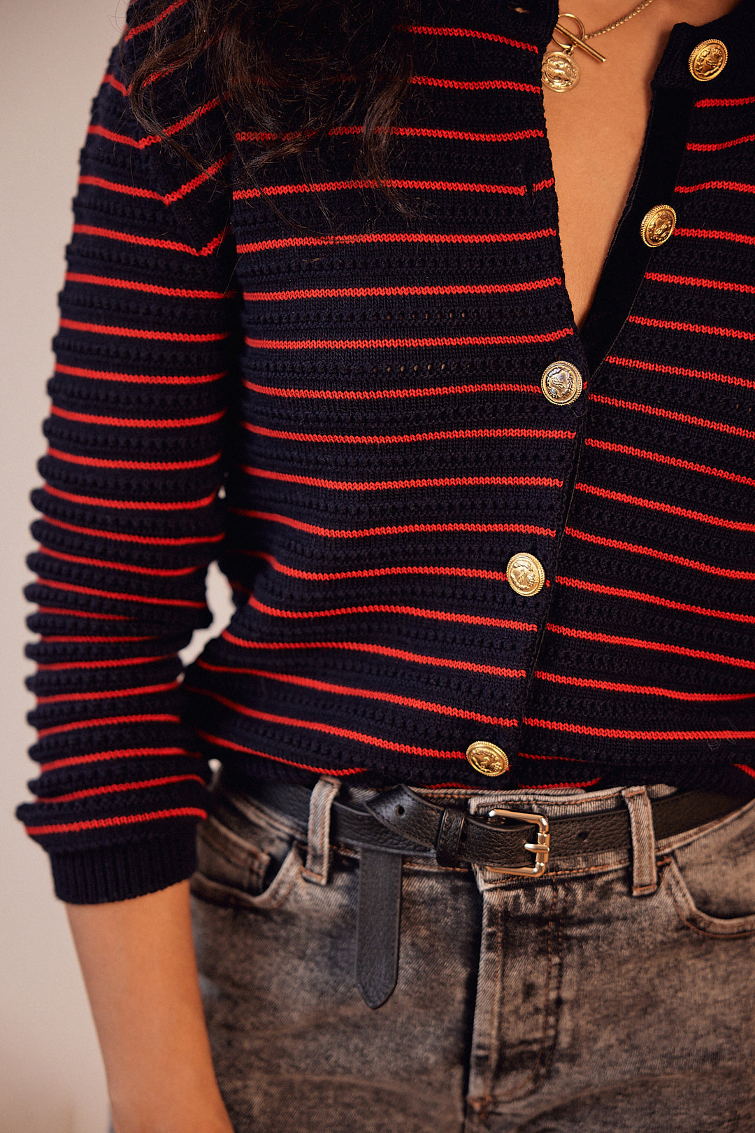 Vera cardigan with navy and red stripes