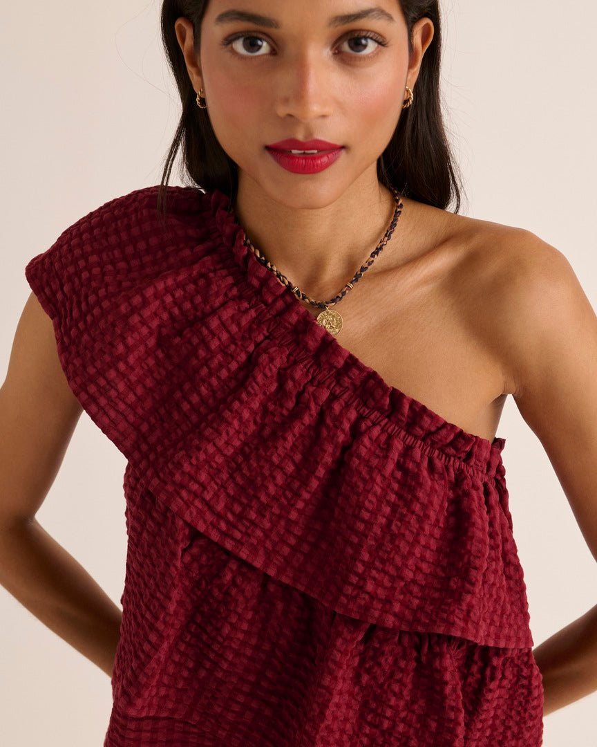 Top Lily of the valley gingham burgundy