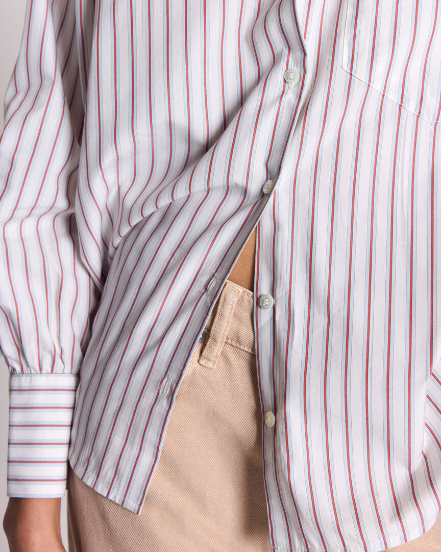 strapless open back dress Leonor red and white striped shirt