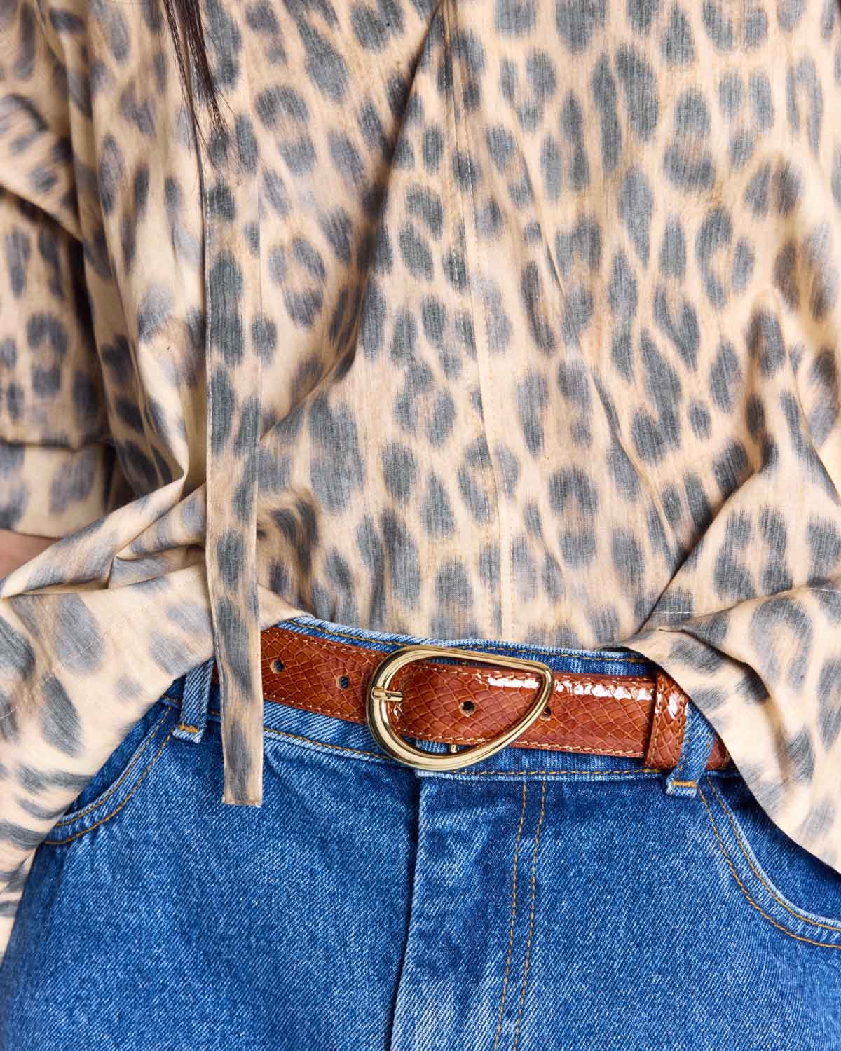 Basma embossed camel patent leather belt