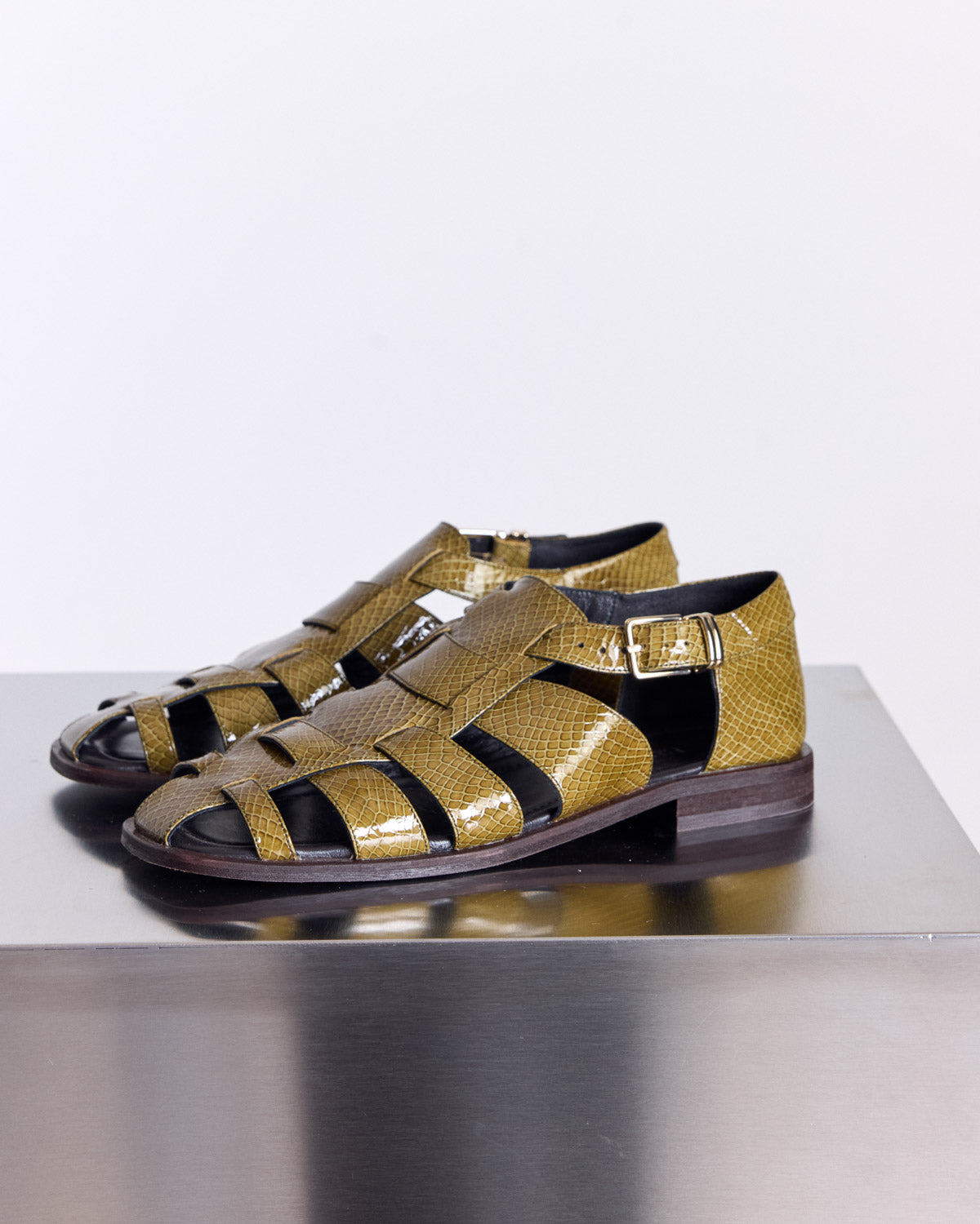 Luce patent leather embossed sandals in khaki
