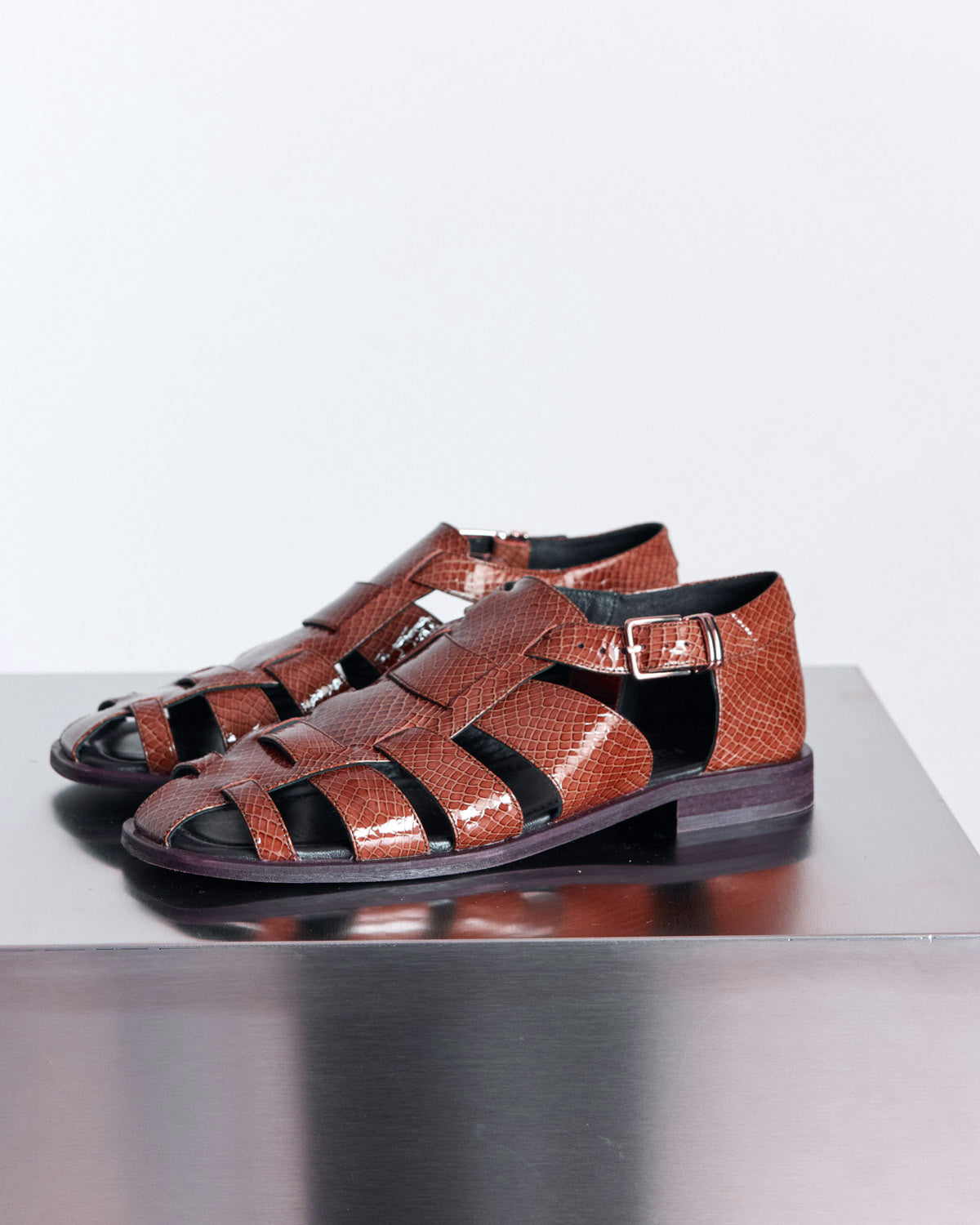 Luce embossed camel patent leather sandals