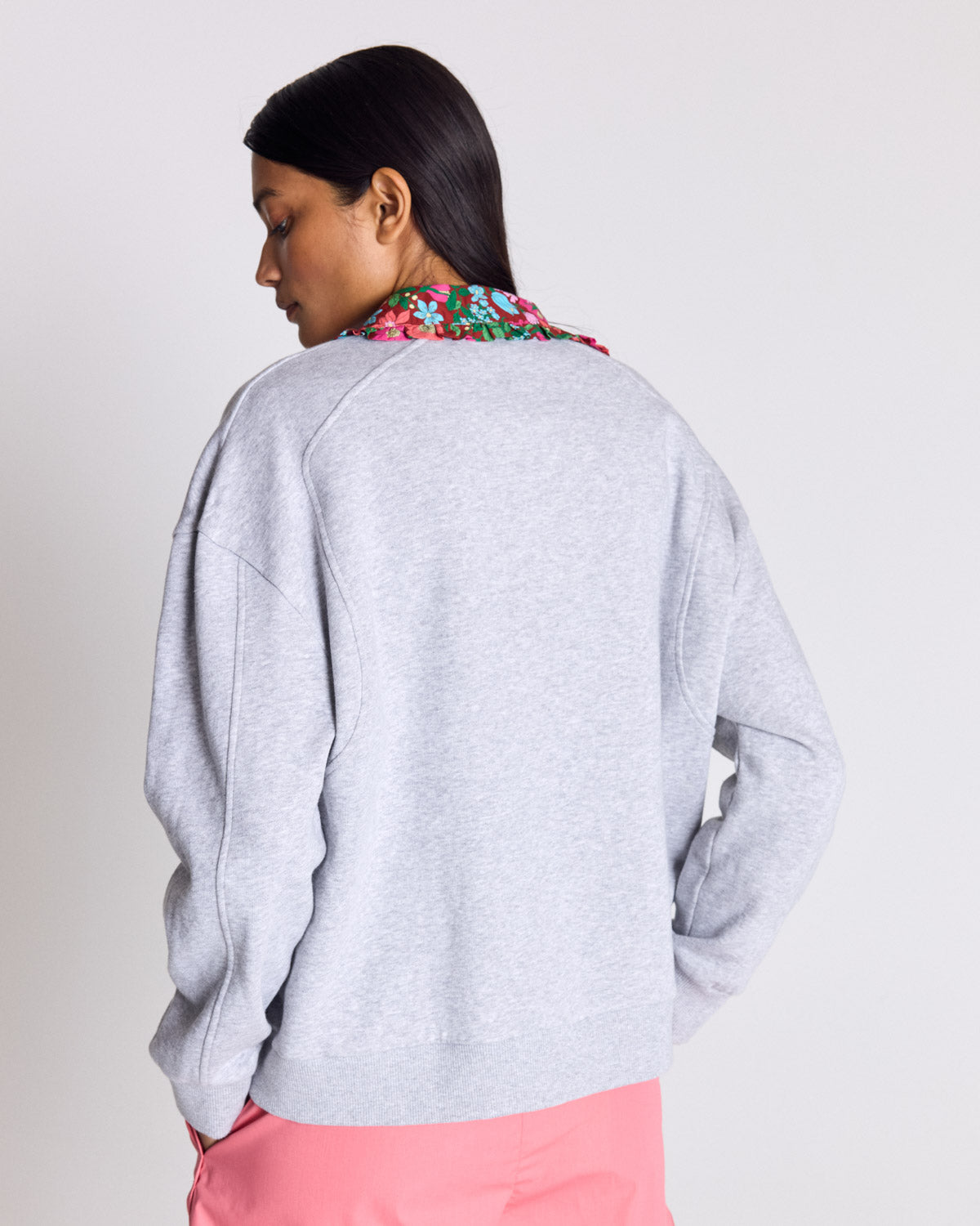 Tammy grey sweatshirt with pink and burgundy Liberty print