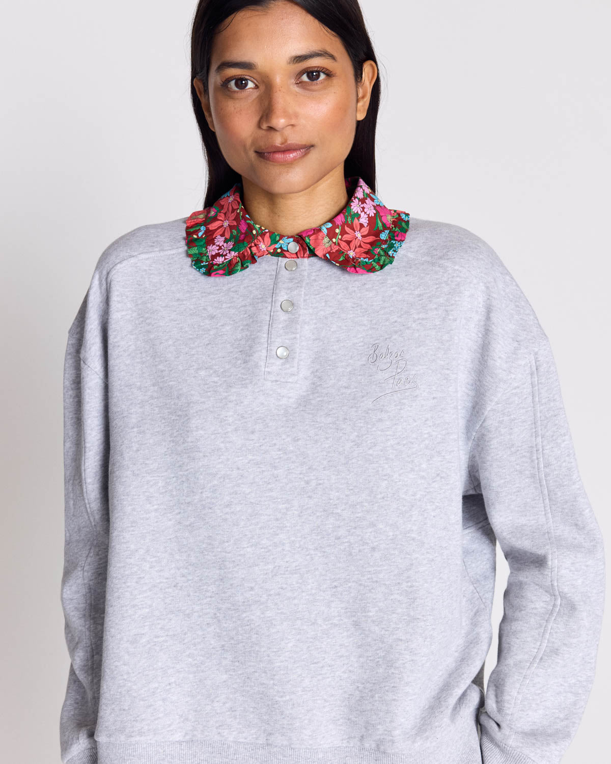 Tammy grey sweatshirt with pink and burgundy Liberty print