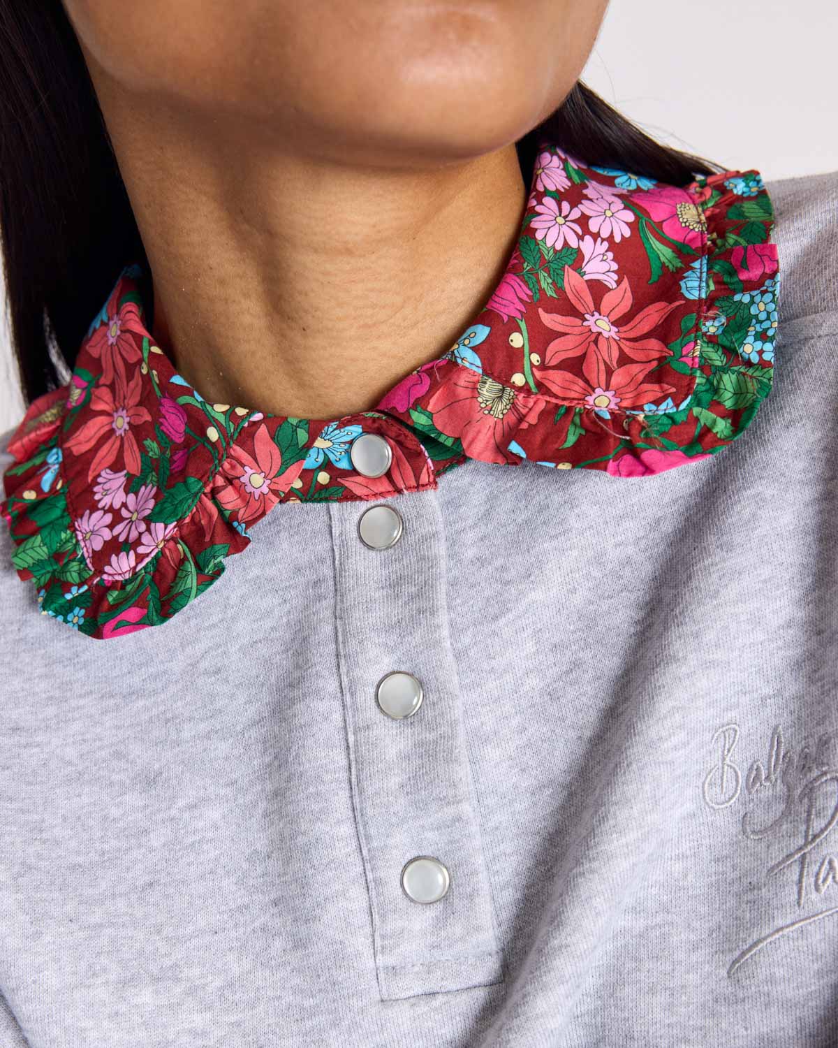 Tammy grey sweatshirt with pink and burgundy Liberty print