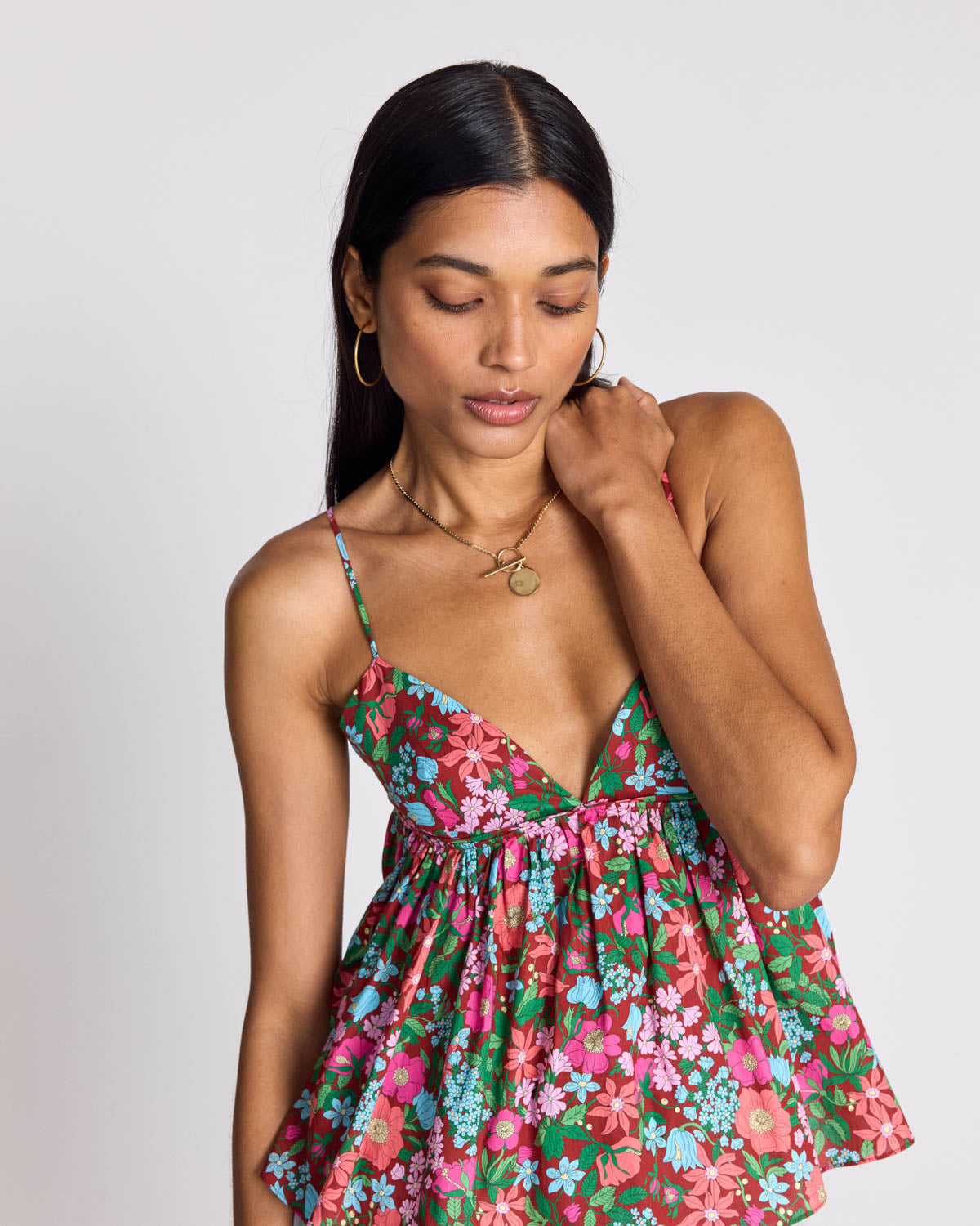 Calia top with pink and burgundy Liberty print