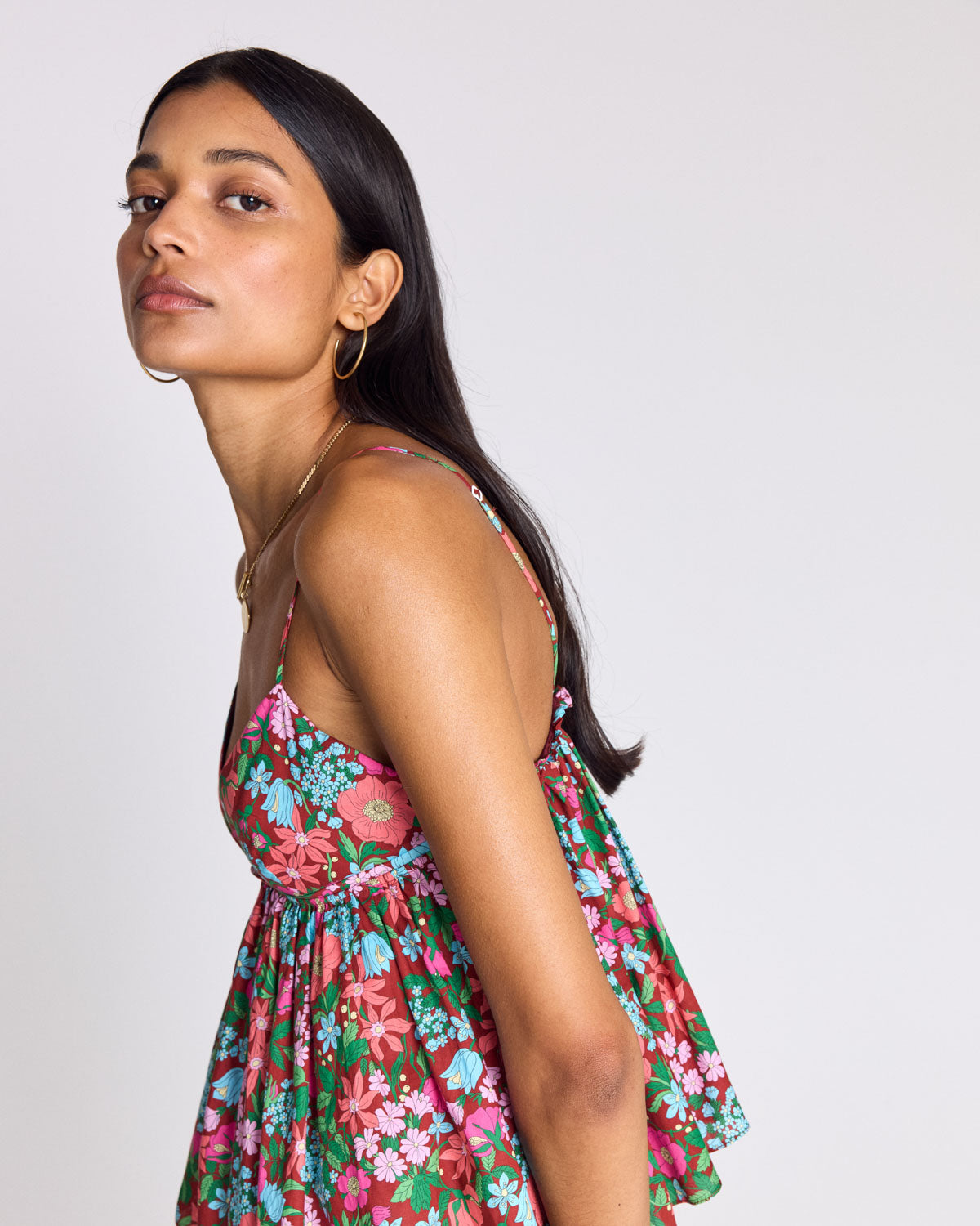 Calia top with pink and burgundy Liberty print