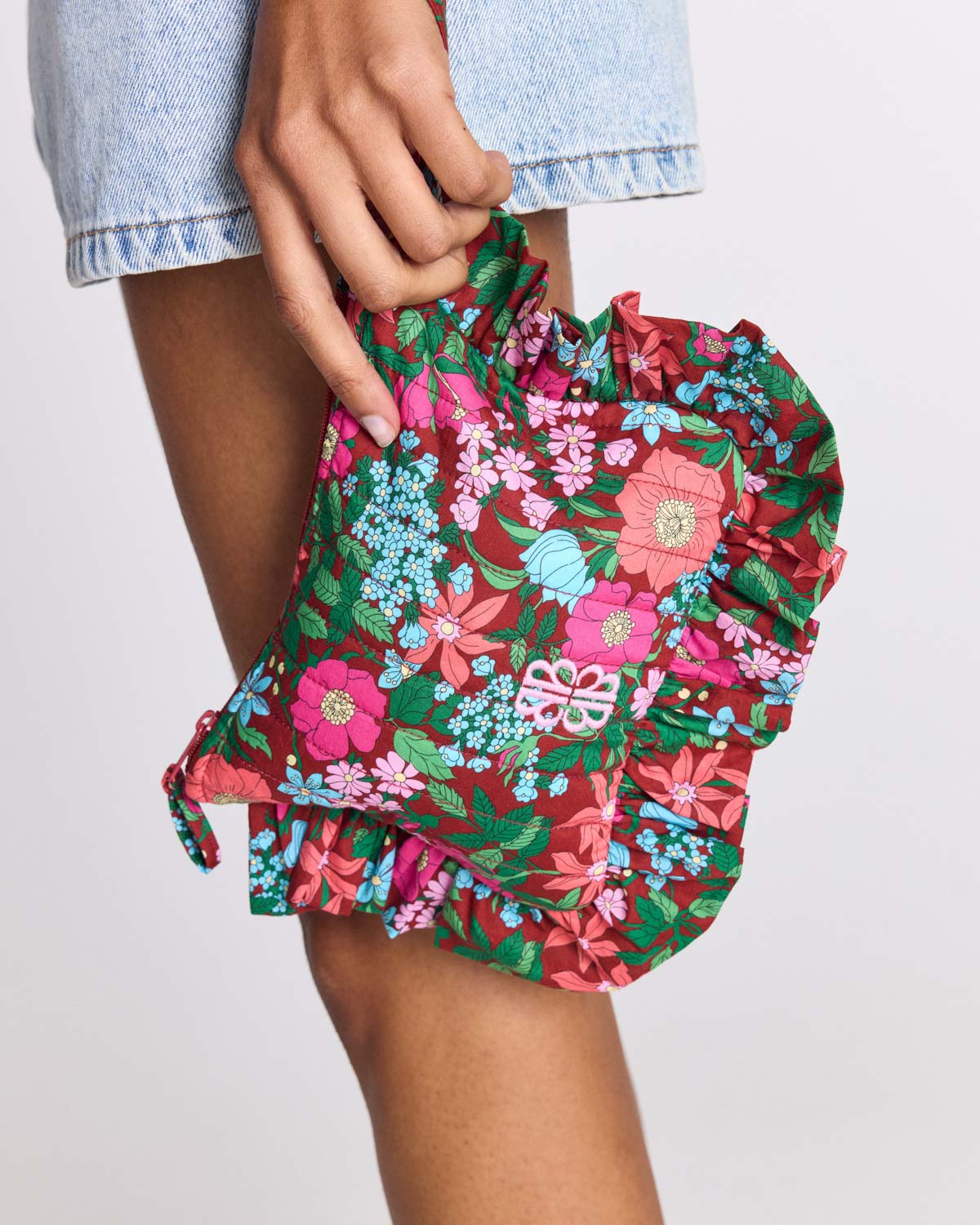 Carline pouch with pink and burgundy Liberty print