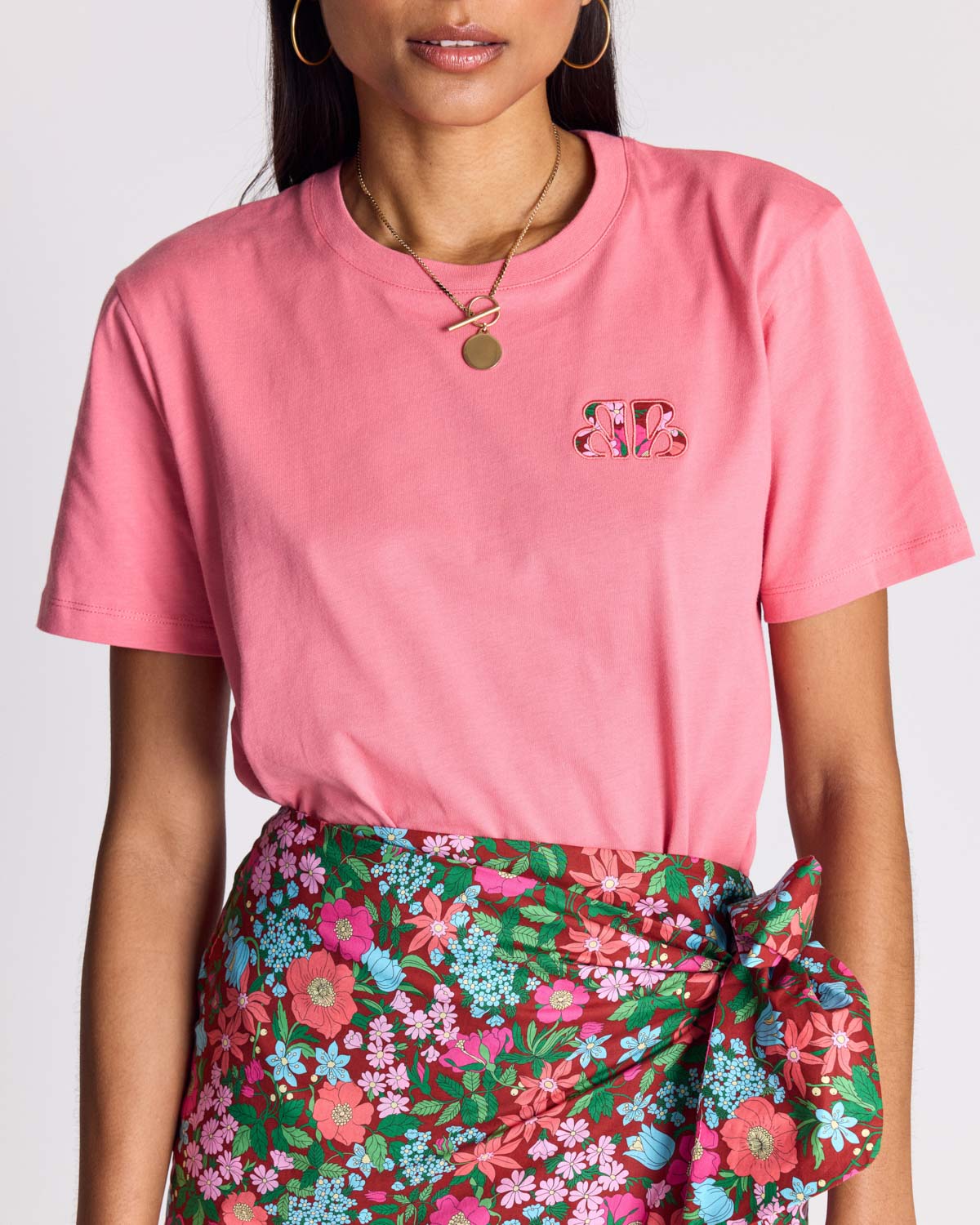 Pink Bree T-shirt with pink and burgundy Liberty print