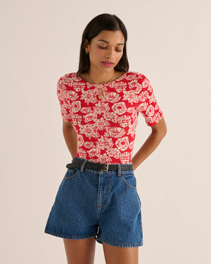 Heureuse bodysuit with red and ecru flower party print