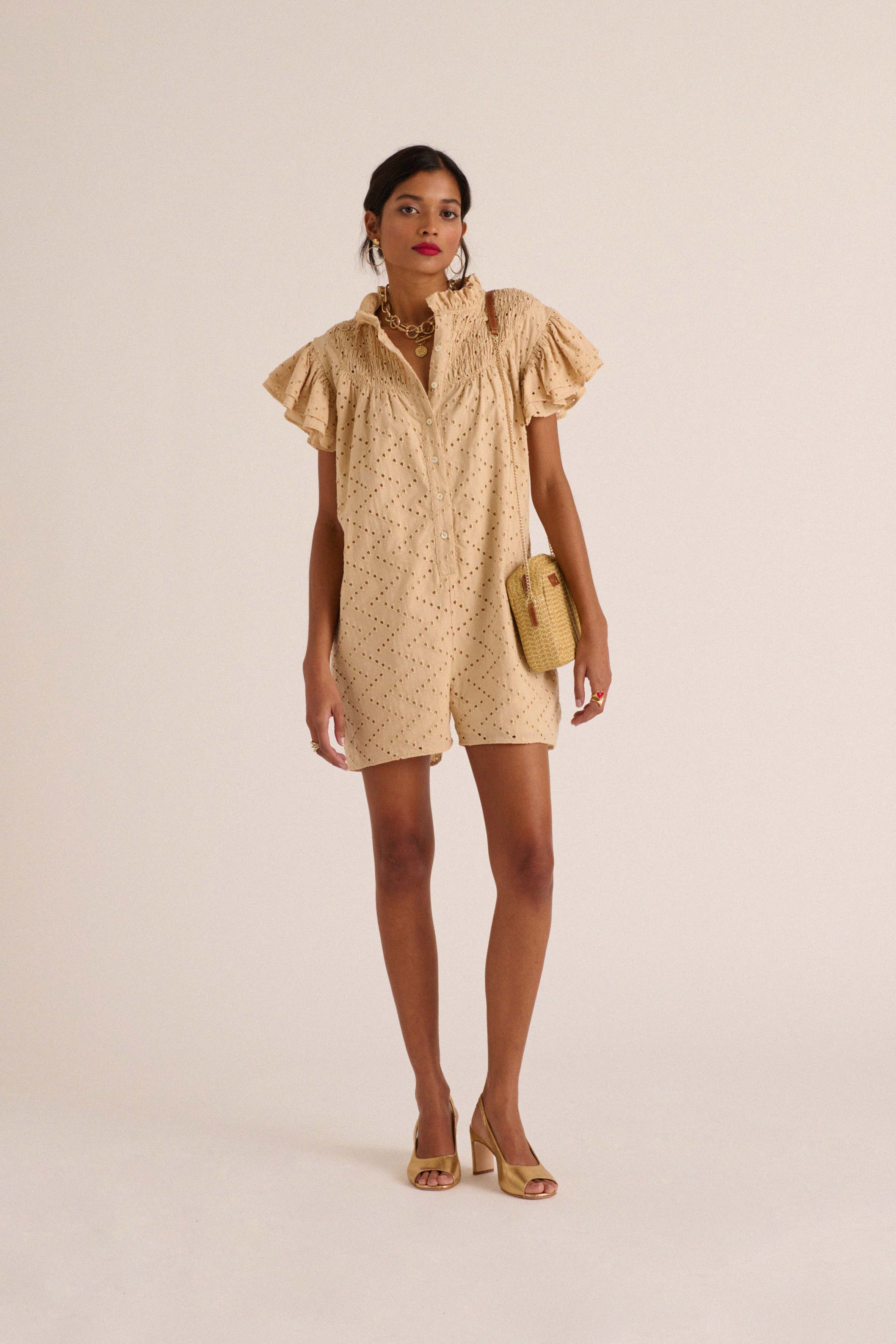 Jade playsuit with beige English embroidery