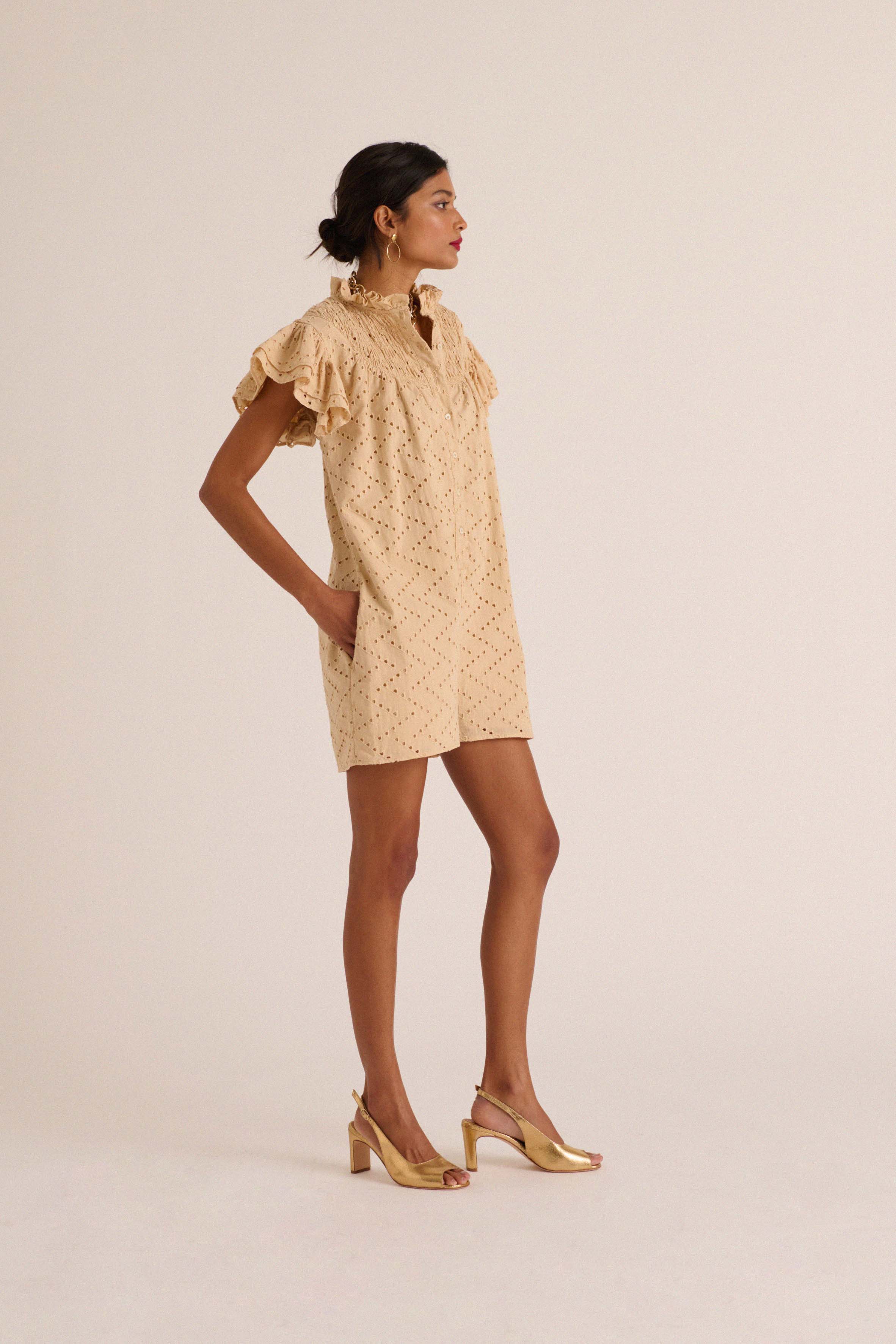 Jade playsuit with beige English embroidery