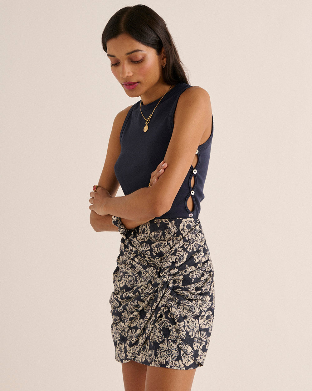 Flore skirt with flower party print, navy and ecru stripes