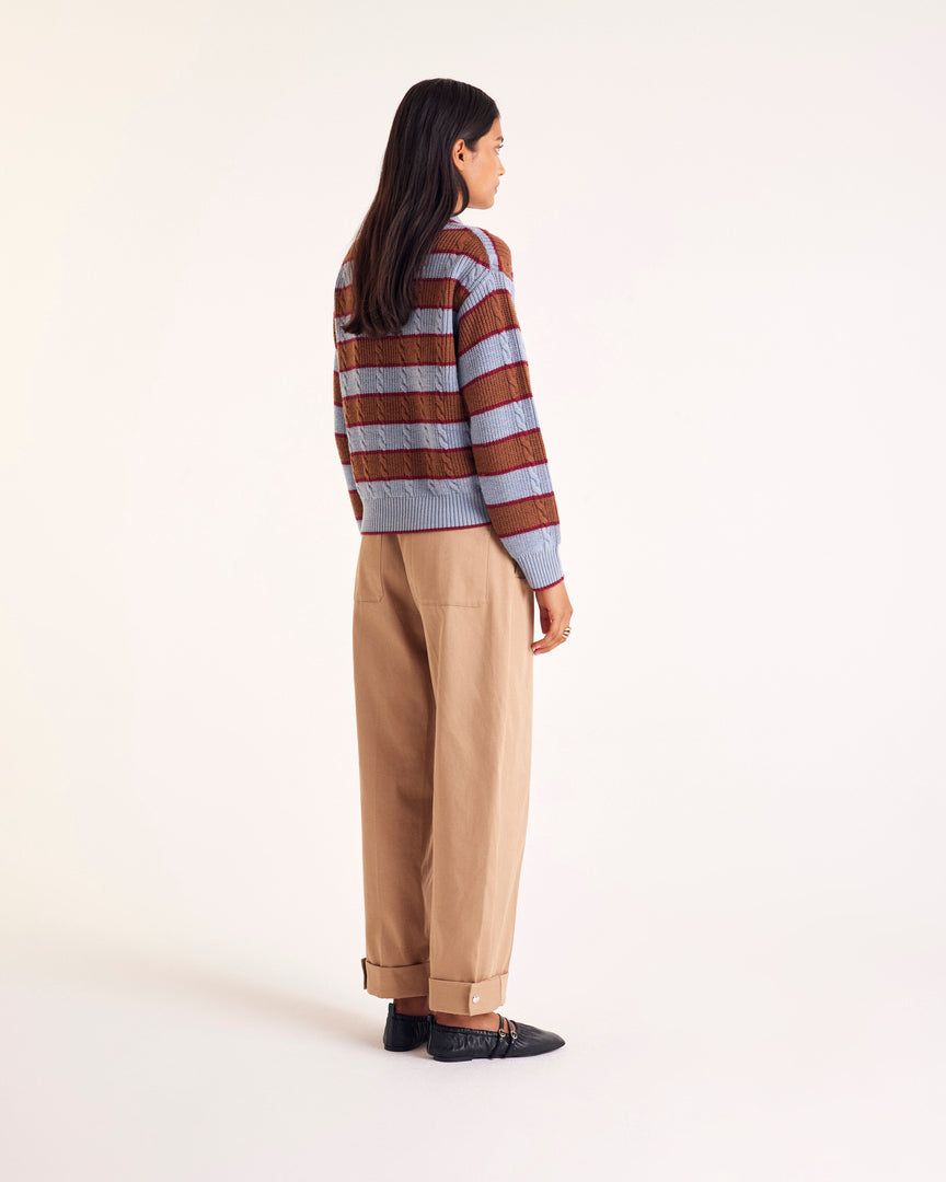Isidore sweater with blue, cinnamon and burgundy stripes