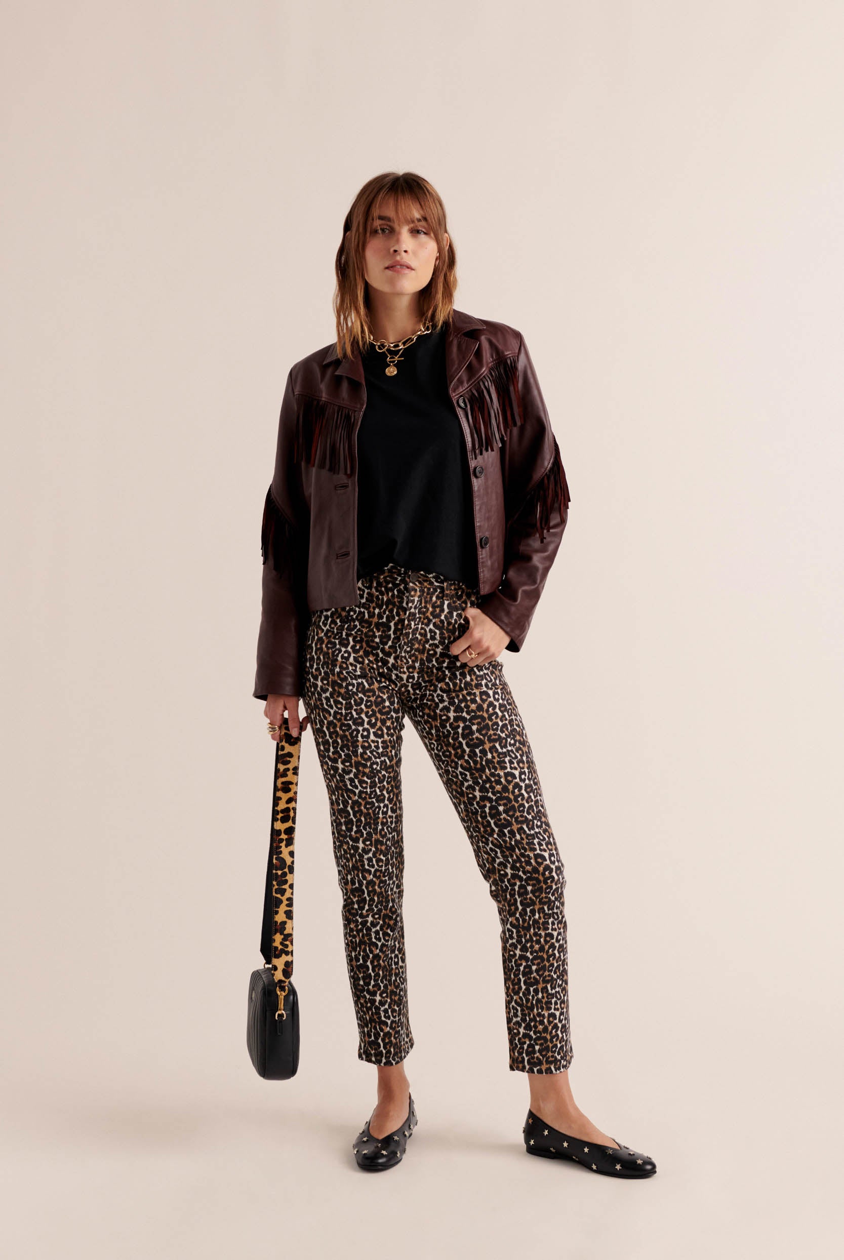 Bag César black handle leopard