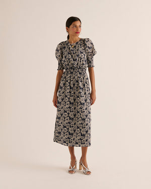 Robe Célesta imprimé flower party rayures marine et écru