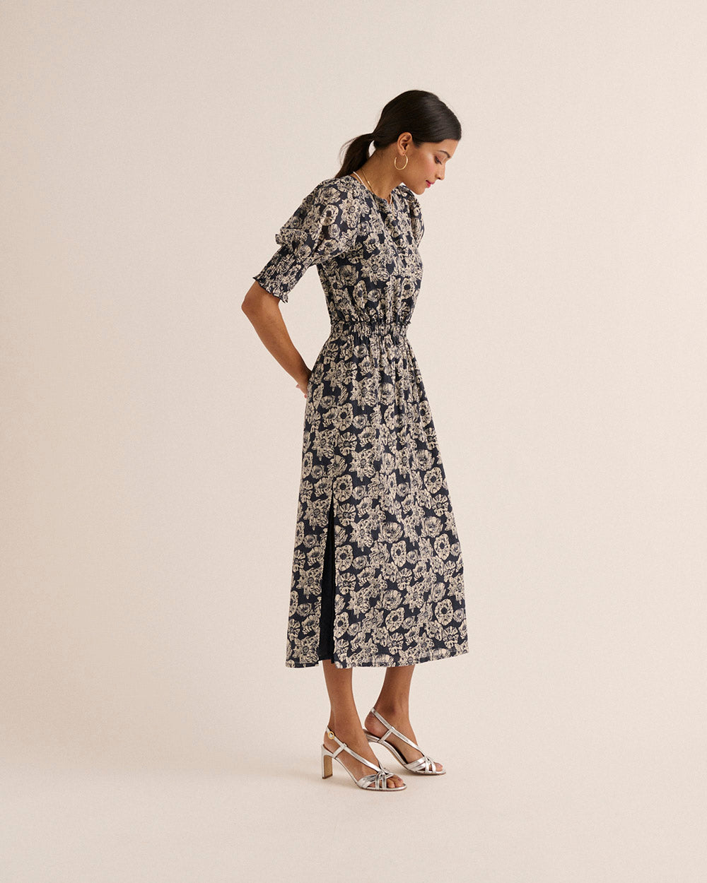 Dress Célesta printed flower party stripes navy and ecru