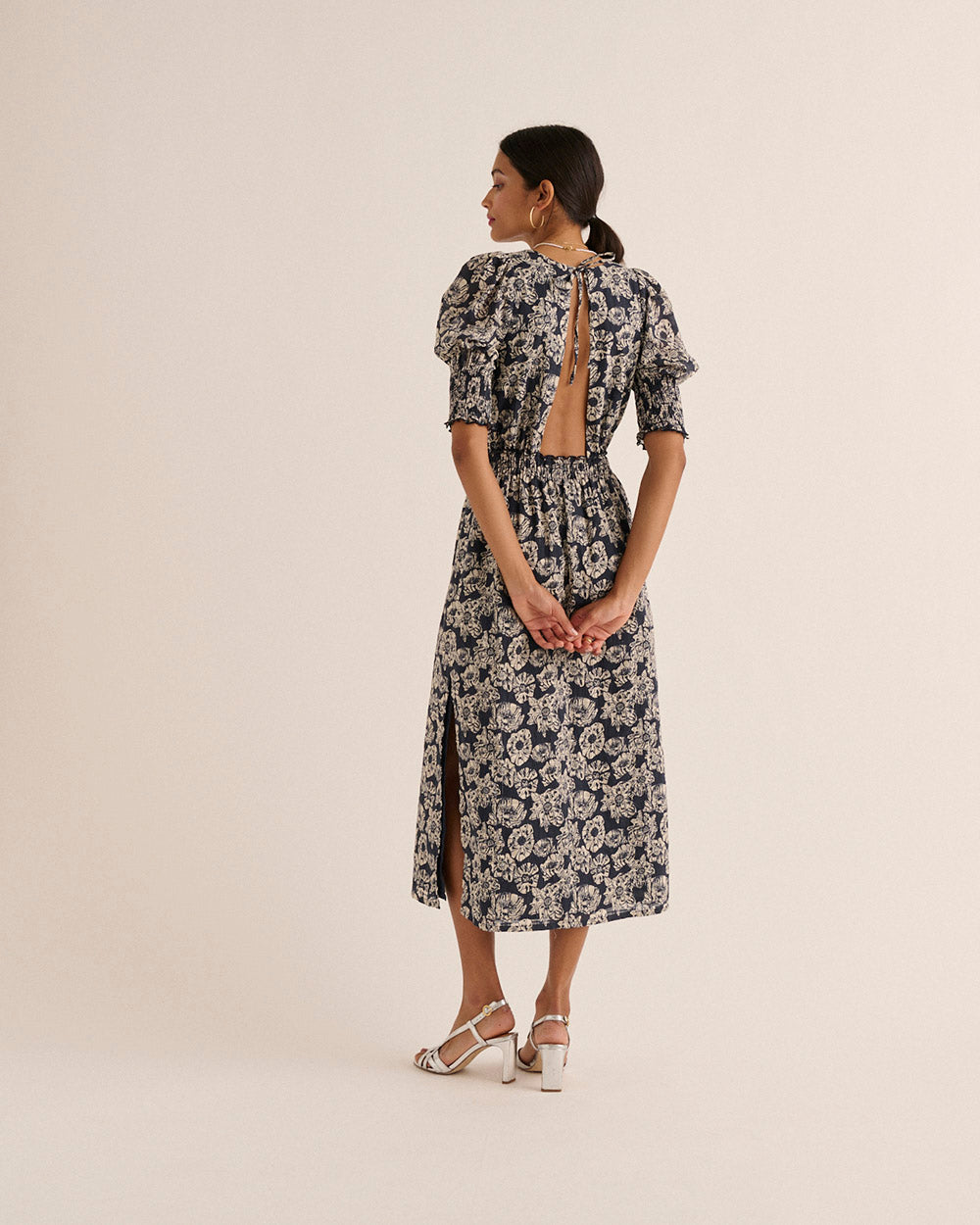 Dress Célesta printed flower party stripes navy and ecru