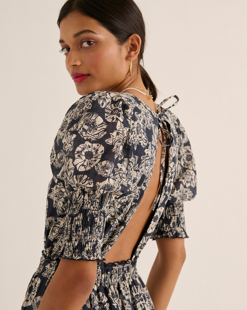 Dress Célesta printed flower party stripes navy and ecru