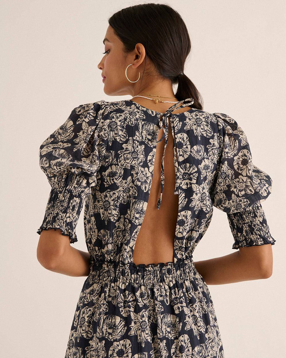 Dress Célesta printed flower party stripes navy and ecru