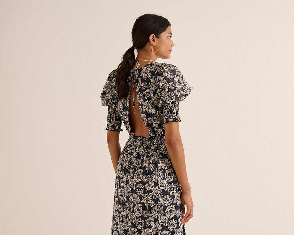 Dress Célesta printed flower party stripes navy and ecru