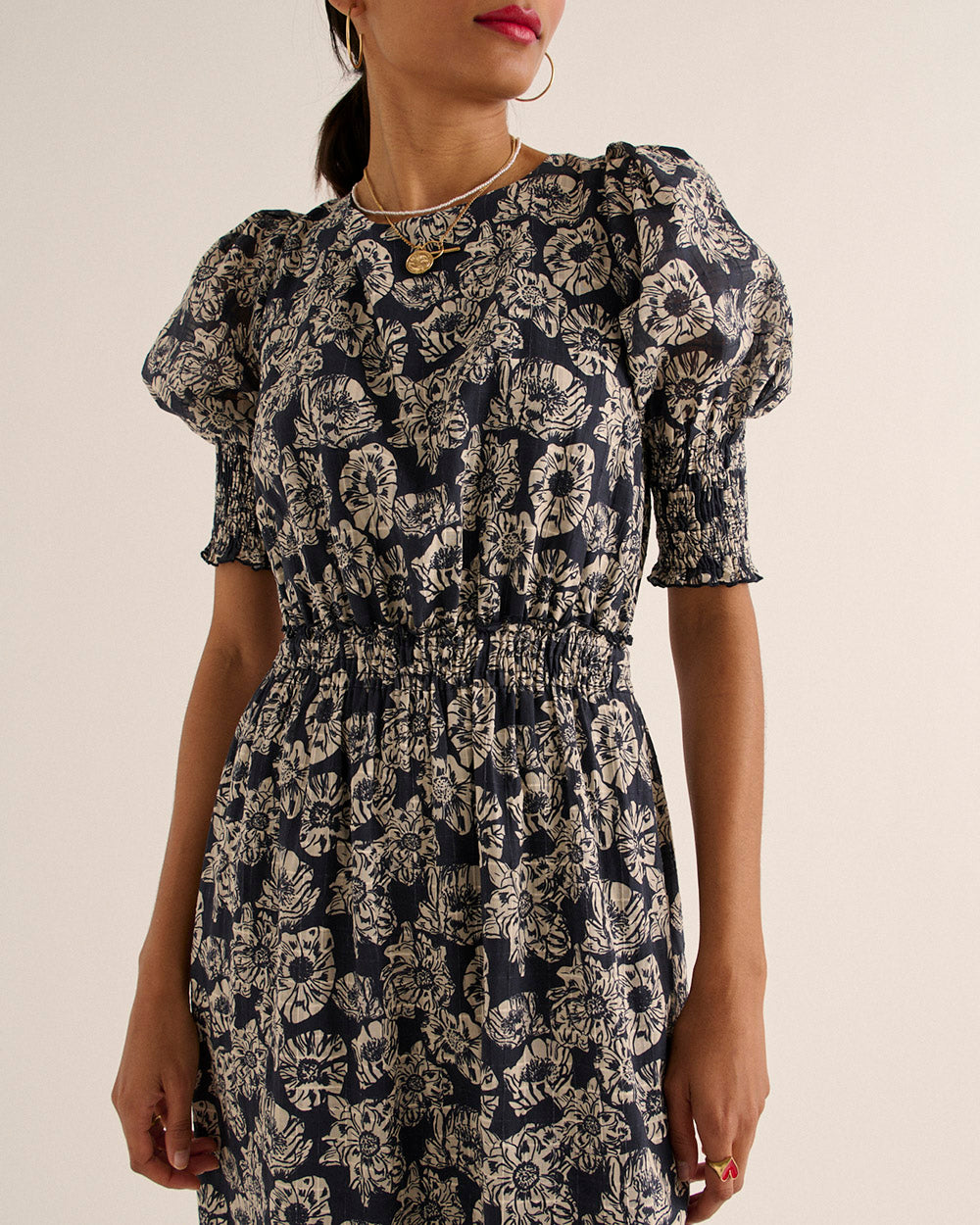Dress Célesta printed flower party stripes navy and ecru
