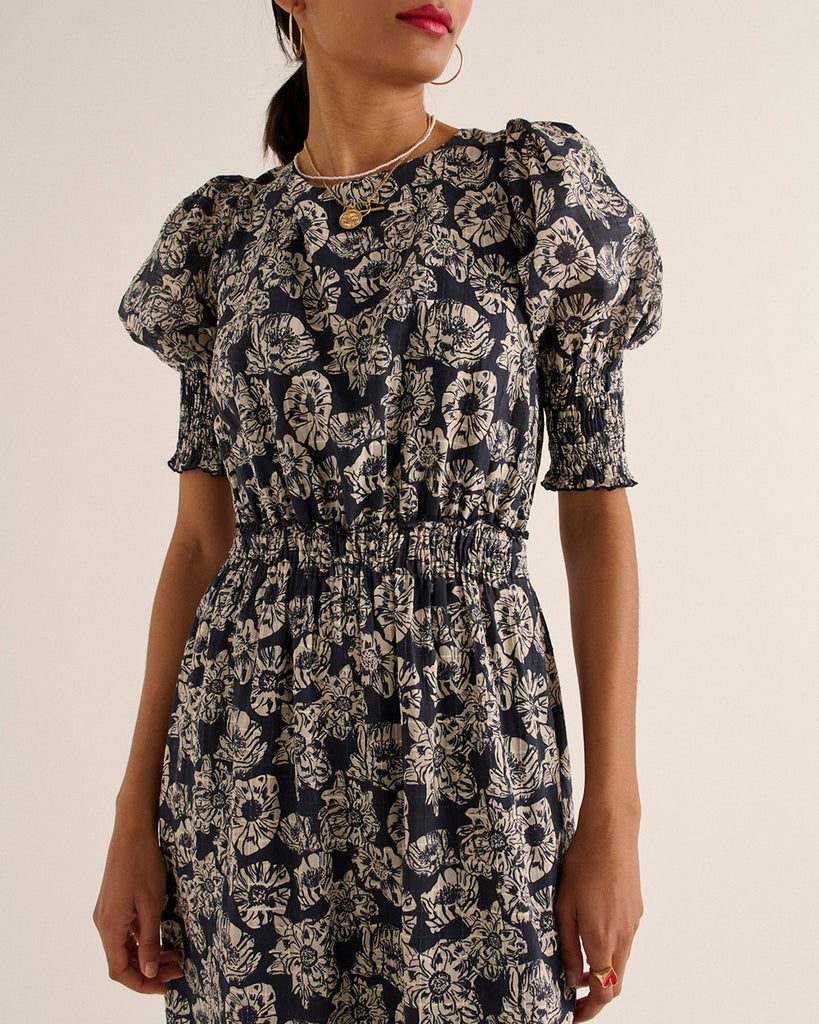 Robe C?�lesta imprim?� flower party rayures marine et ?�cru - Balzac Paris